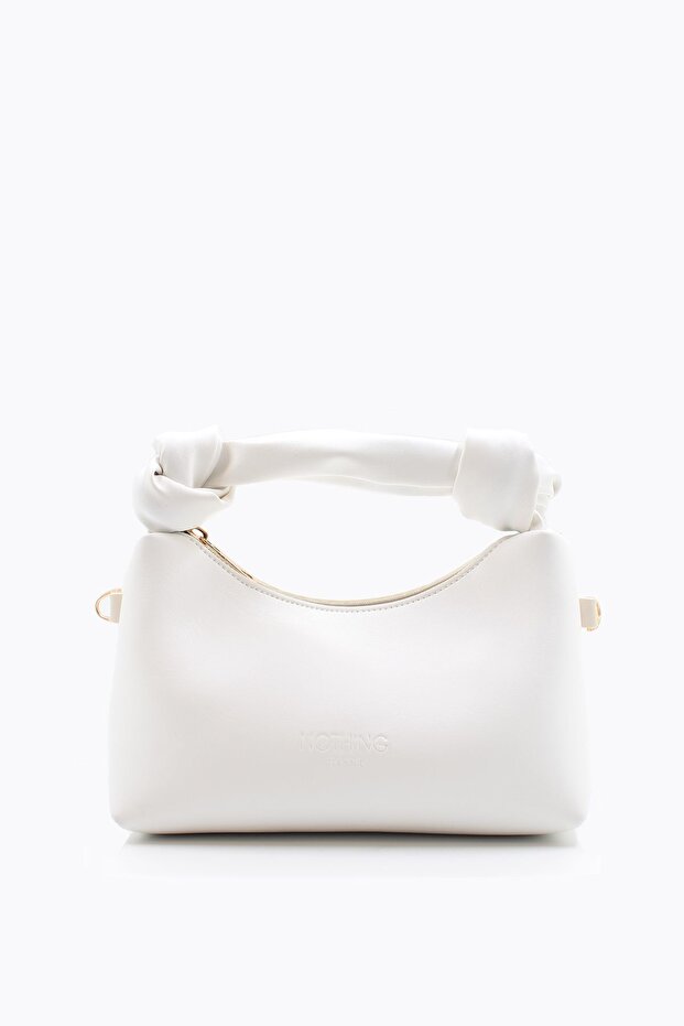 Women's White Soft Leather Knot Detailed Handled Chain Strap Mini Hand Shoulder Baguette Bag