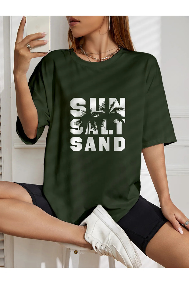 Sun Salt Sand Palm Tree Printed Oversize T-Shirt - Women's Oversize Green Blue White Oversize T-Shirt