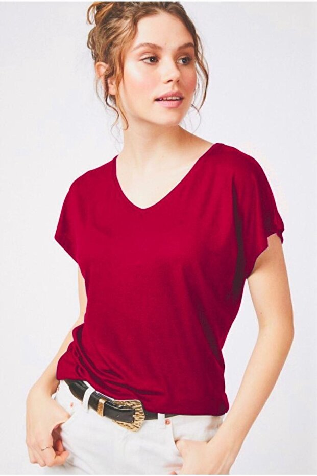 Γυναικείο μπλουζάκι Claret Red με V-Neck Basic - 1