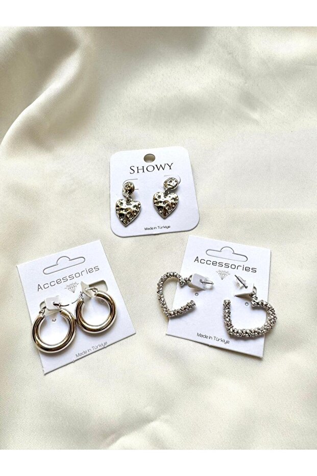 Huggie Earrings, Heart Earrings, and Serrated Heart Earrings Triple Combination Earring Set