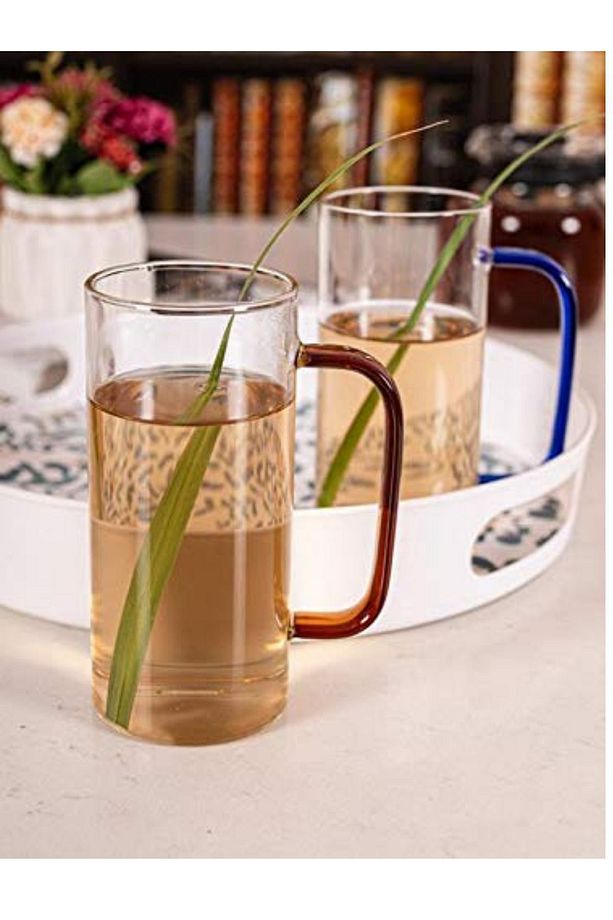 Yeşil Renk Yuvarlak Cam Neskafe, Latte, Kahve Bardak Kulplu Kupa Çeyiz Listesi 400 ml 6 Adet - 6