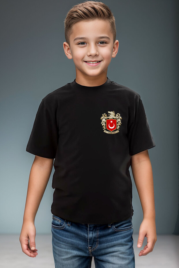 Turkish Wolf and Turkey Turkish Flag Printed 100% Cotton Boy Girl Black T-Shirt