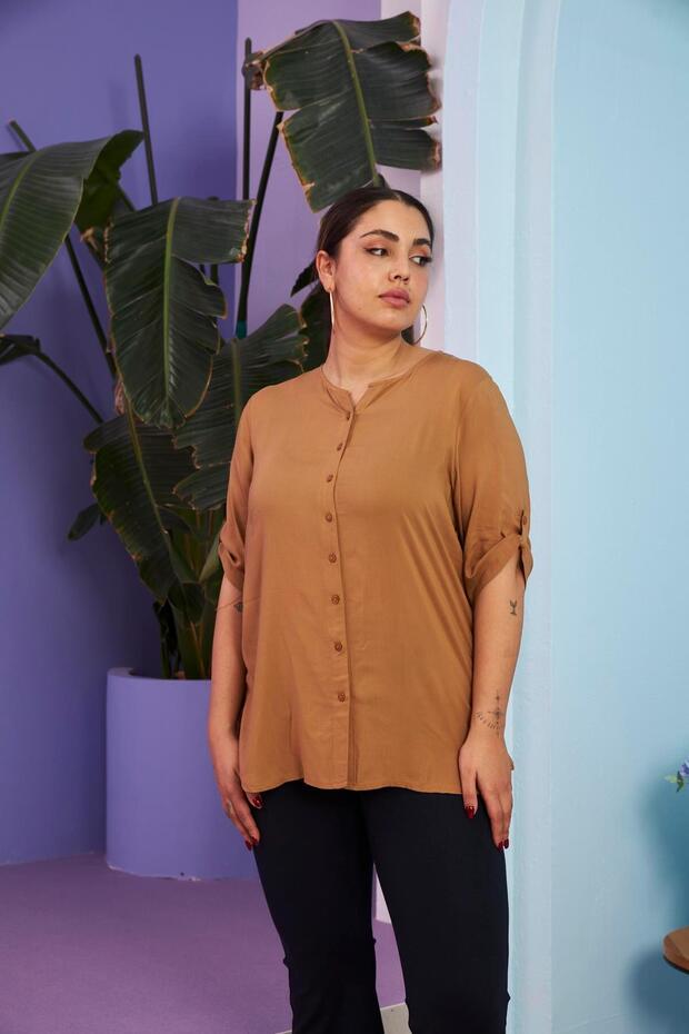 Voile Viscose Large Size Camel Shirt with Sleeve Detail