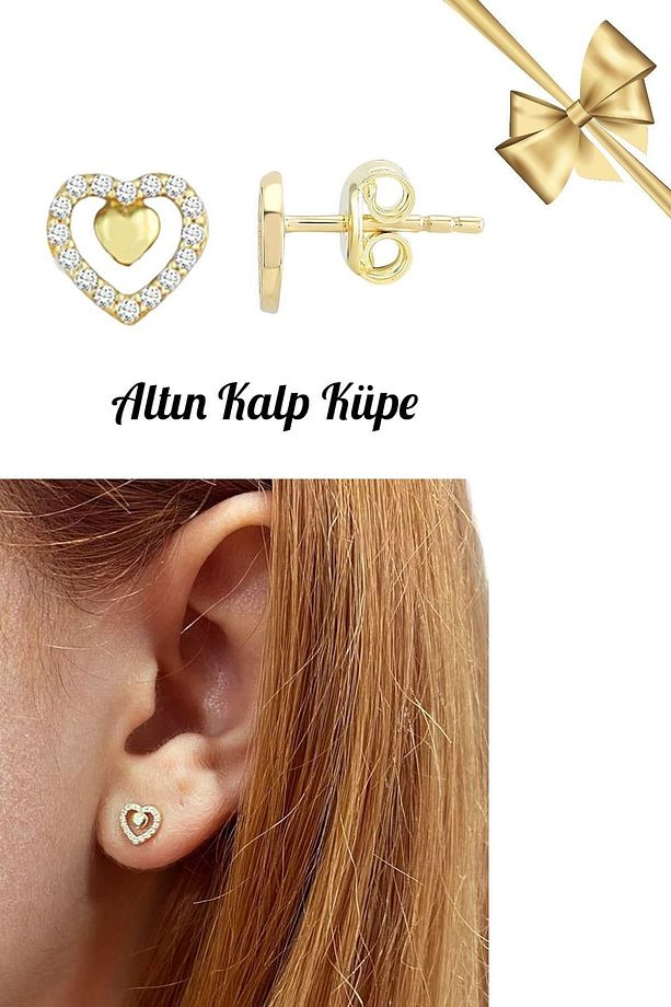 Taşlı Kalp Altın Küpe - 4