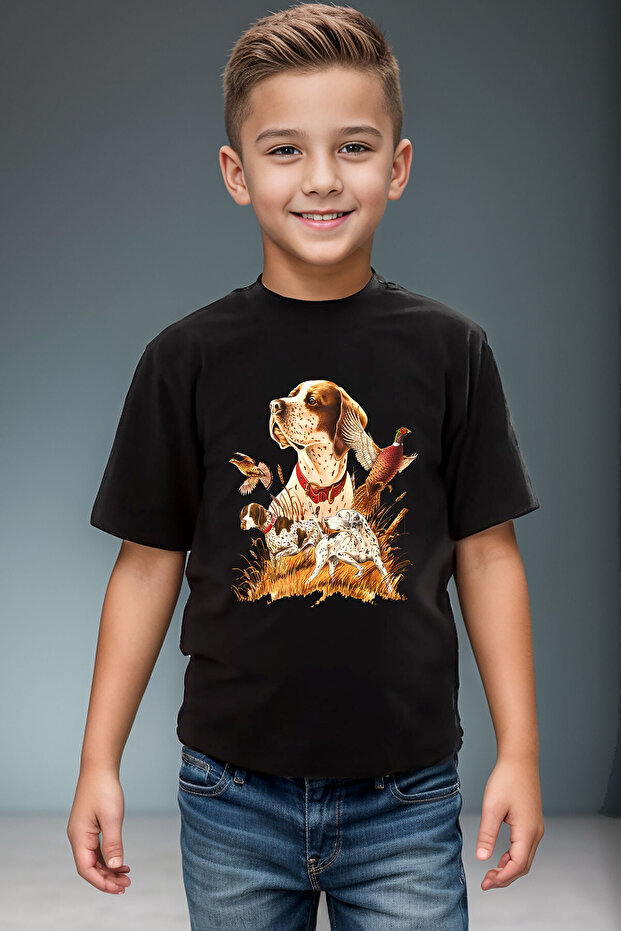 Patterned Hunting Dog English Pointer Setter Pheasant 100% Cotton Girls Boys Black T-Shirt