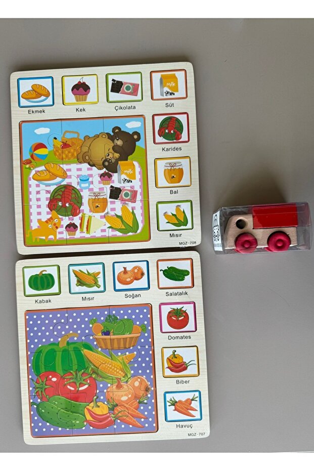 Set of 3 Wooden Puzzle - Bultak, Car, Animals and Shapes Matching Puzzle Educational - 1