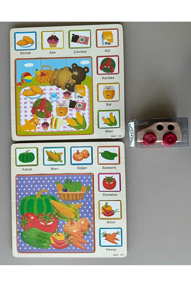 Set of 3 Wooden Puzzle - Bultak, Car, Animals and Shapes Matching Puzzle Educational - 3