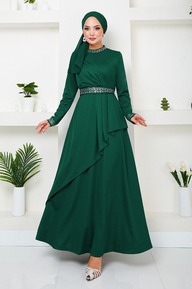 Kemeri Taşlı Tesettür Elbise 268DVL897-M Zümrüt - 1