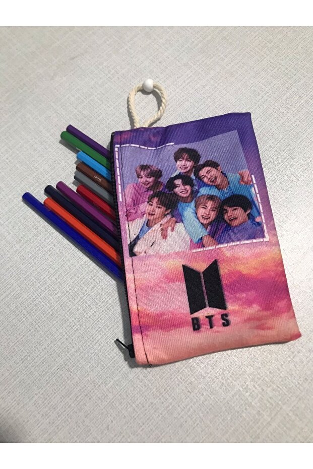 حامل قلم من القماش بتصميم منقوش باللون الوردي من BTS - محفظة لأعضاء مجموعة Kpop