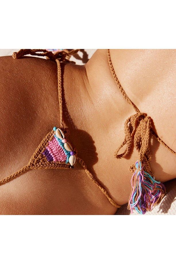 Tığ Örgü Deniz Kabuklu String Tanga Bikini Takım - 5