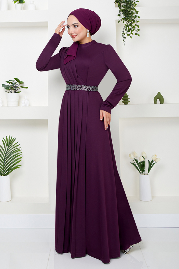 Kemeri Taş İşlemeli Elbise 278DVL897-M Mürdüm - 3