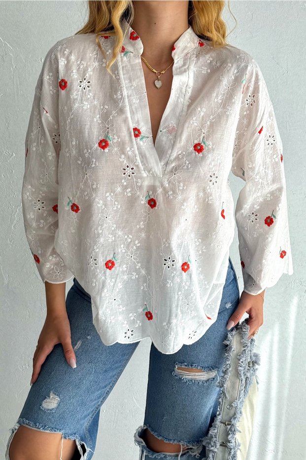 Women's White Floral Embroidered Eyelet Embroidery Cotton Blouse