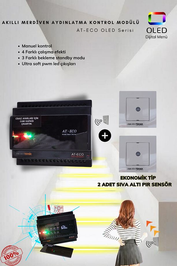 Akıllı Merdiven Aydınlatma At-eco Oled Serisi 20 Kanal Modül 2 Adet Pır Sensör Kit - 1