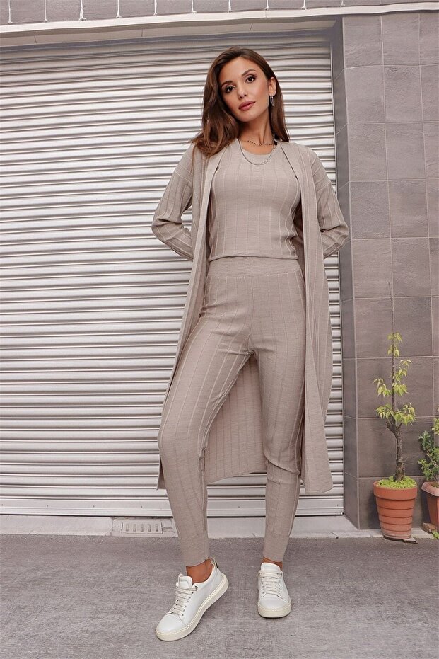 Cardigan Sleeveless Crew Neck Blouse Leggings Model Trousers