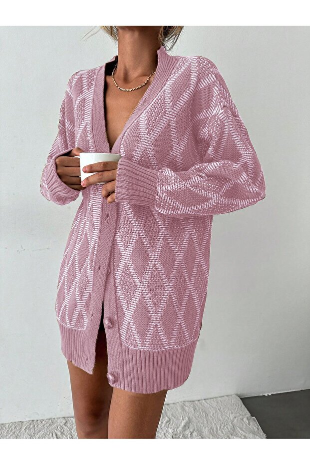 Diamond Patterned Four-button Cardigan - Powder - 4