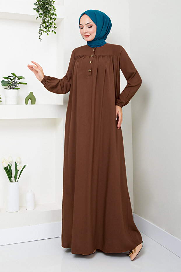 Tan 2020BGS895 moDel Half Placket Button Dress