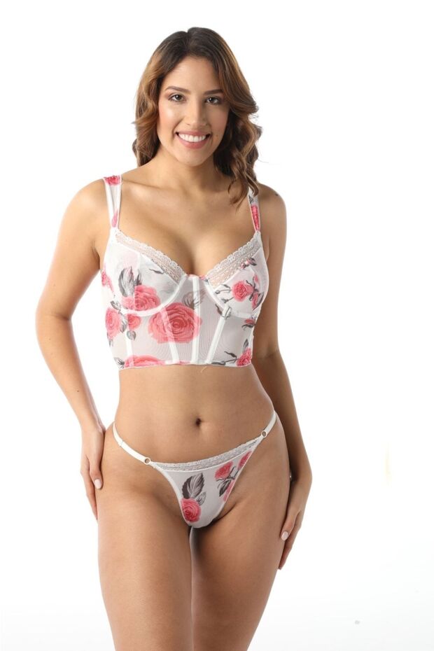 Floral Patterned Ecru Bustier Set - 8