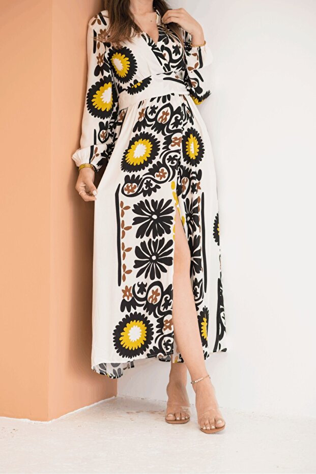 Rochie kimono crem cu modele etnice - 3