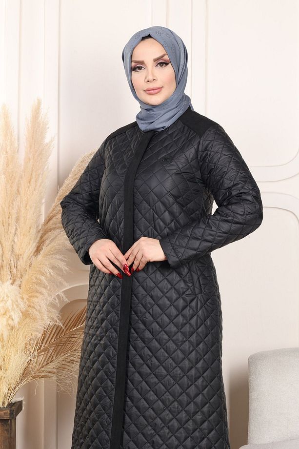Kapitone Kollu Fermuarlı Siyah Mont Tesettür - 4