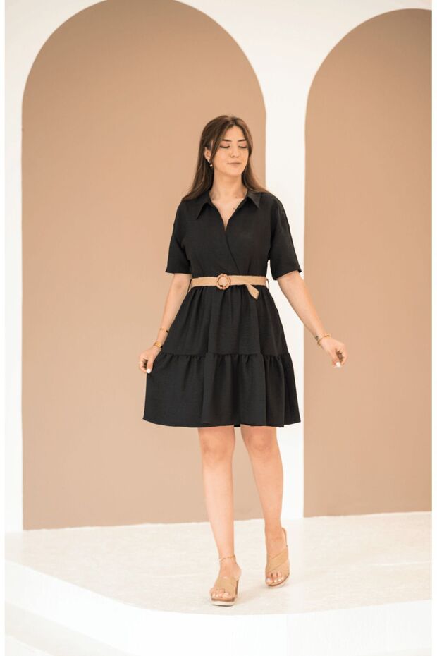 Siyah Hasır Kemer Kemerli Elbise - 2