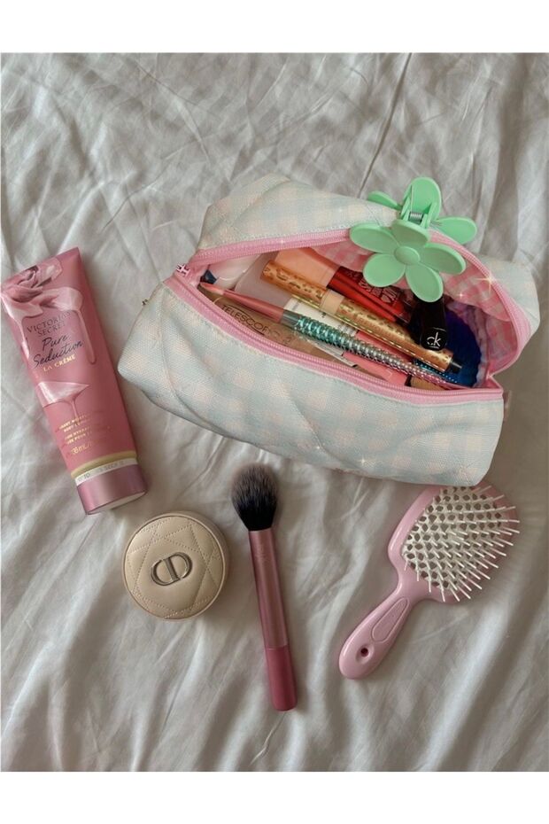 حقيبة مكياج من القماش القطني بالنعناع مقاس كبير - 3