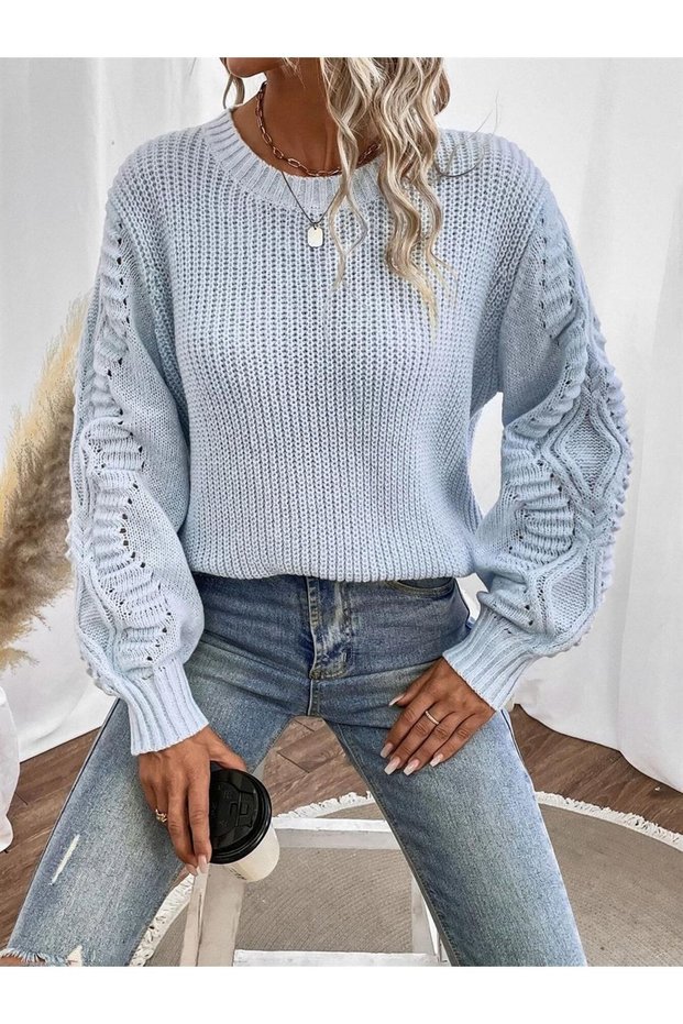 Selanik Knitted Sleeve Motif Crew Neck Baby Blue Knitwear Sweater