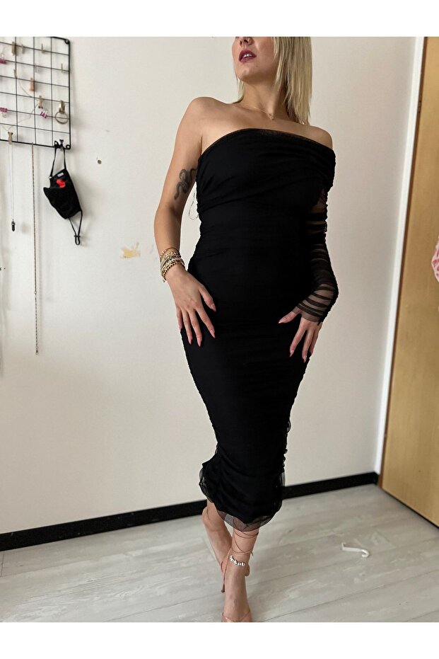 Siyah Tek Kol Drapeli Elbise - 8