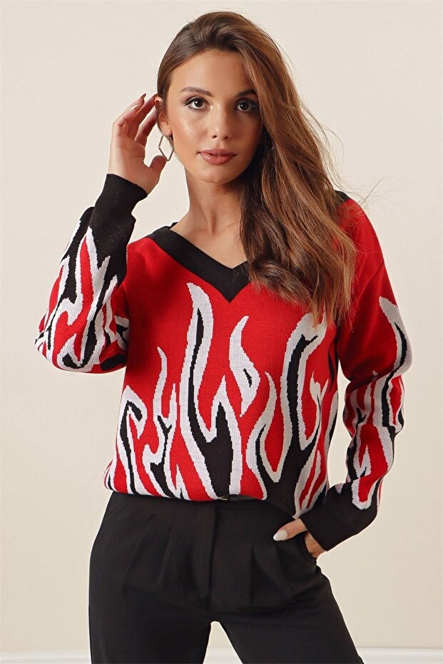 سترة بنمط اللهب برقبة على شكل حرف V - 3