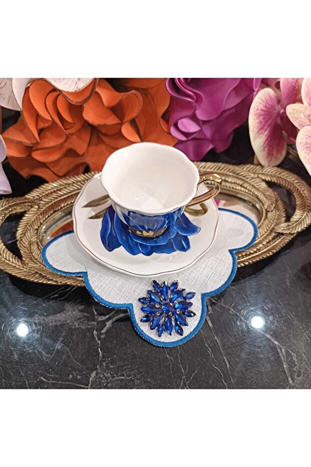Fleur De Pierre (Stone Flower) Saks Blue Coffee Side Cocktail Napkin with Stain-Resistant Fabric Feature