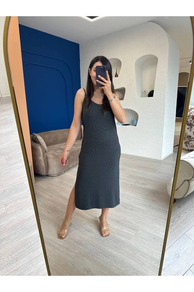 Füme Askılı Midi Elbise - 5