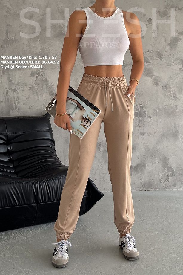 Yumuşak Dokulu Modal Camel Önden Dikişli Bel Ve Paça Lastikli Jogger Pantolon Eşofman Altı - 1