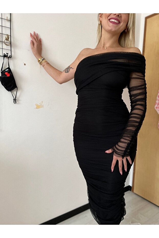 Siyah Tek Kol Drapeli Elbise - 6