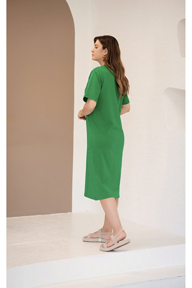 Düz Penye Yeşil Elbise - 3