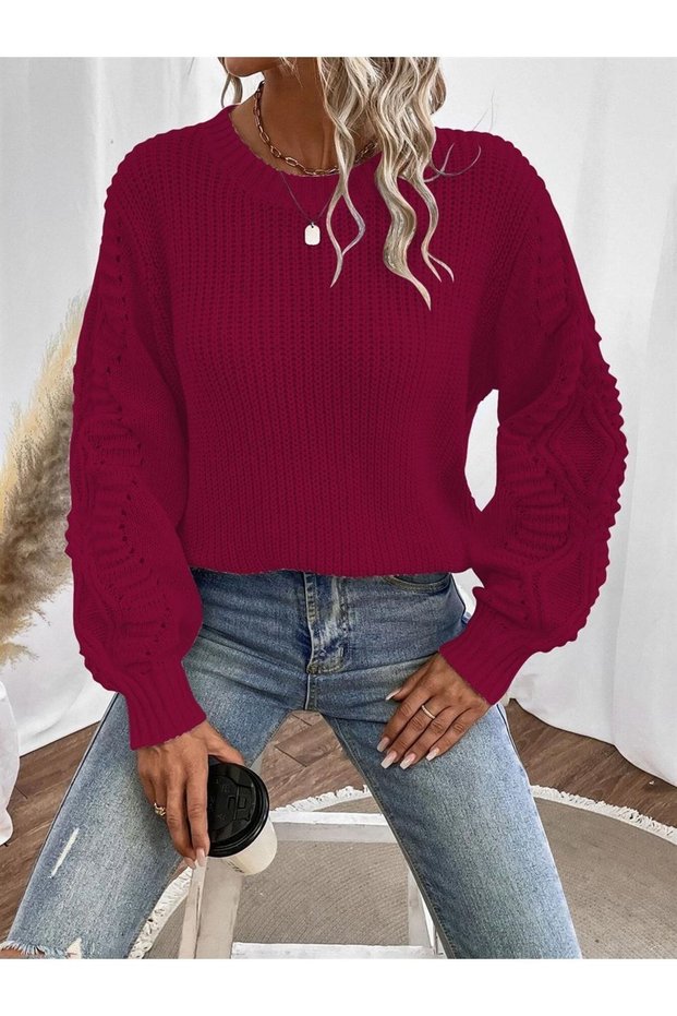 Selanik Knitted Sleeve Motif Crew Neck Claret Red Knitwear Sweater