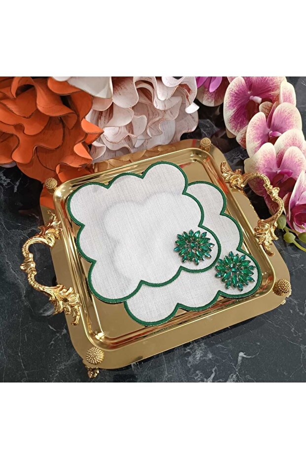 Fleur De Pierre (TAŞ ÇİÇEK) Zümrüt Yeşili Kahve Yanı Kokteyl Peçetesi Leke Tutmayan Kumaş 2 Adet - 7
