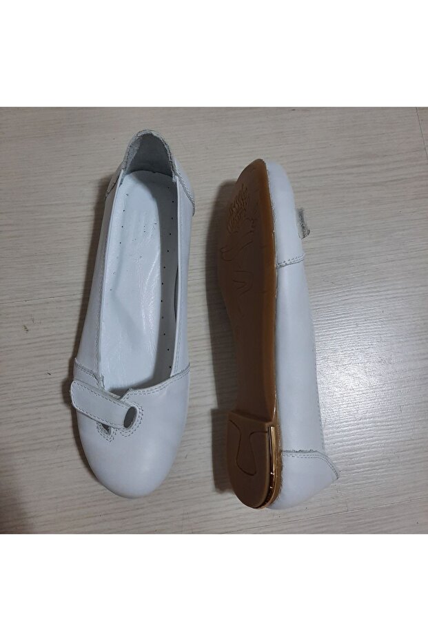 100% Genuine Leather Velcro Casual White Ballerinas