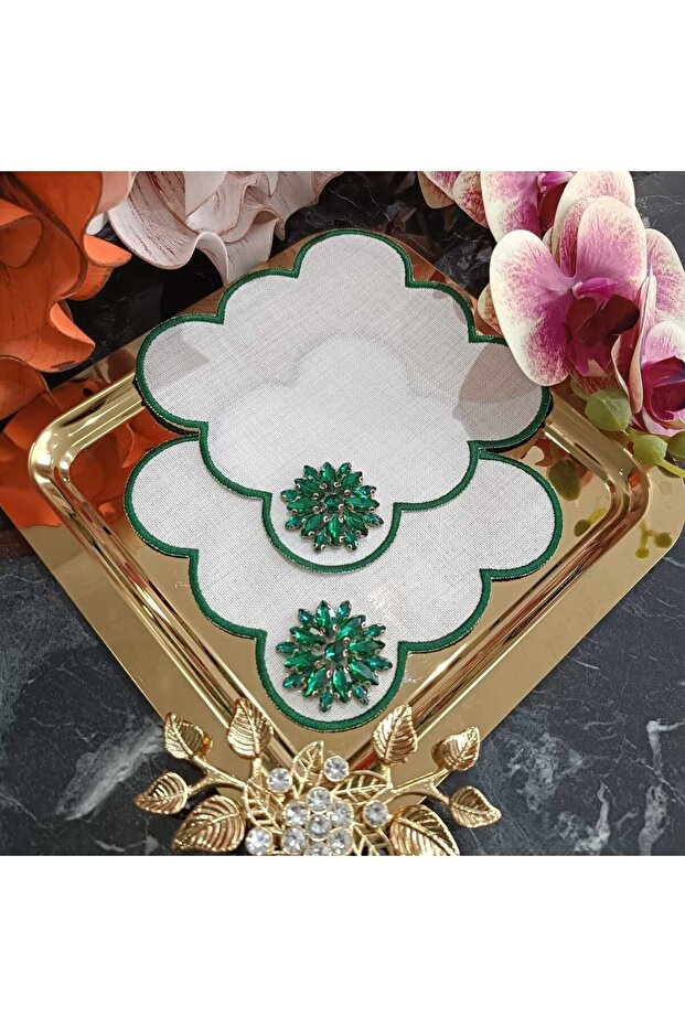 Fleur De Pierre (TAŞ ÇİÇEK) Zümrüt Yeşili Kahve Yanı Kokteyl Peçetesi Leke Tutmayan Kumaş 2 Adet - 8
