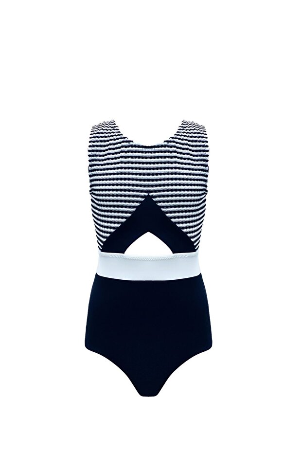 Striped Cut-Out Design Black 50Uv Girl's Swimsuit by Nessi Byrd