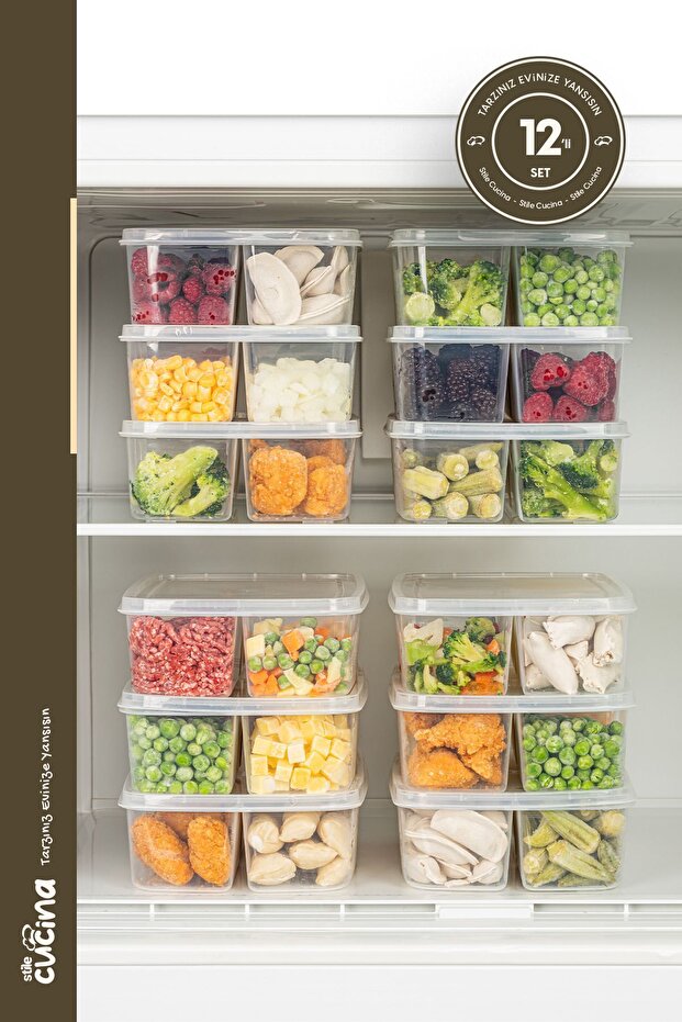 12 Pieces 1 Liter 4 Compartment Freezer Organizer with Lid and Refrigerator Organizer Transparent