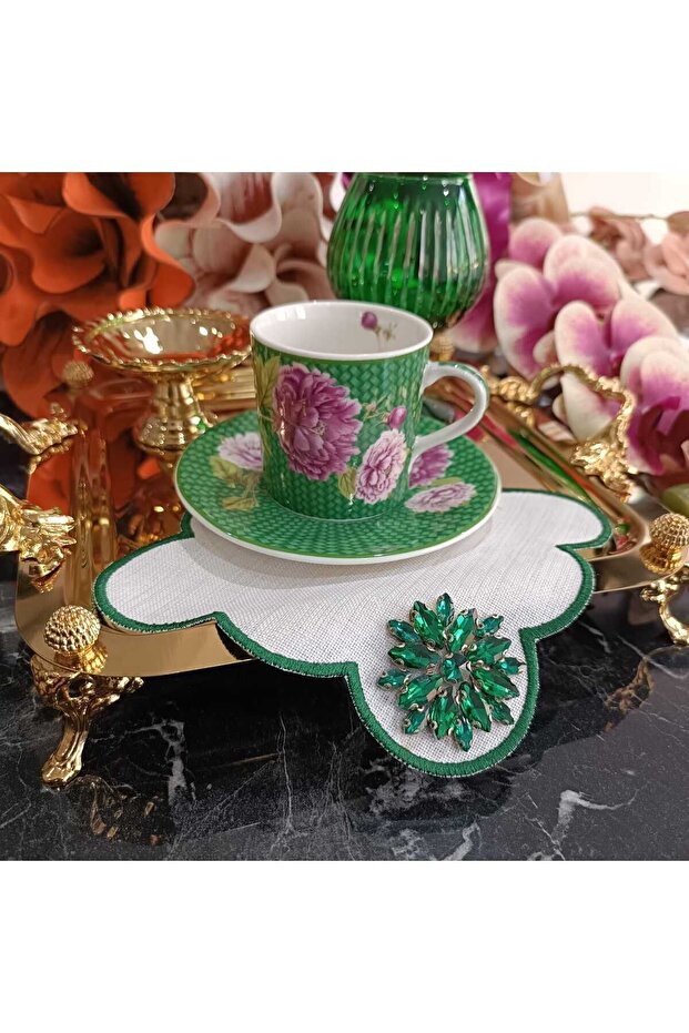 Fleur De Pierre (TAŞ ÇİÇEK) Zümrüt Yeşili Kahve Yanı Kokteyl Peçetesi Leke Tutmayan Kumaş 2 Adet - 3