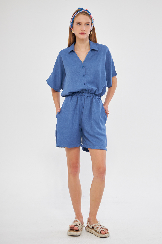 Women's Dark Blue Shirt Collar Pocket Short Jumpsuit Arm-24Y 001113