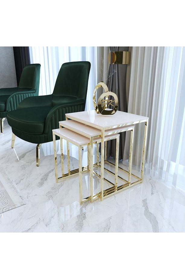 Duru 3'lü Kare Zigon Sehpa Seti Gold Ayak, Krem Mdf - 2