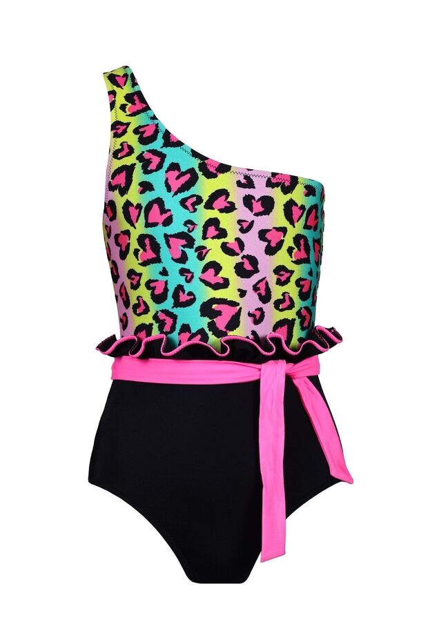 One Shoulder Heart Patterned Ruffled Belt and Bow Detail 50Uv Girl's Swimsuit by Nessi Byrd