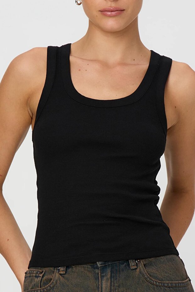 Siyah Fitilli Görünümlü Kalın Askılı Basic Atlet MG2058 - 6