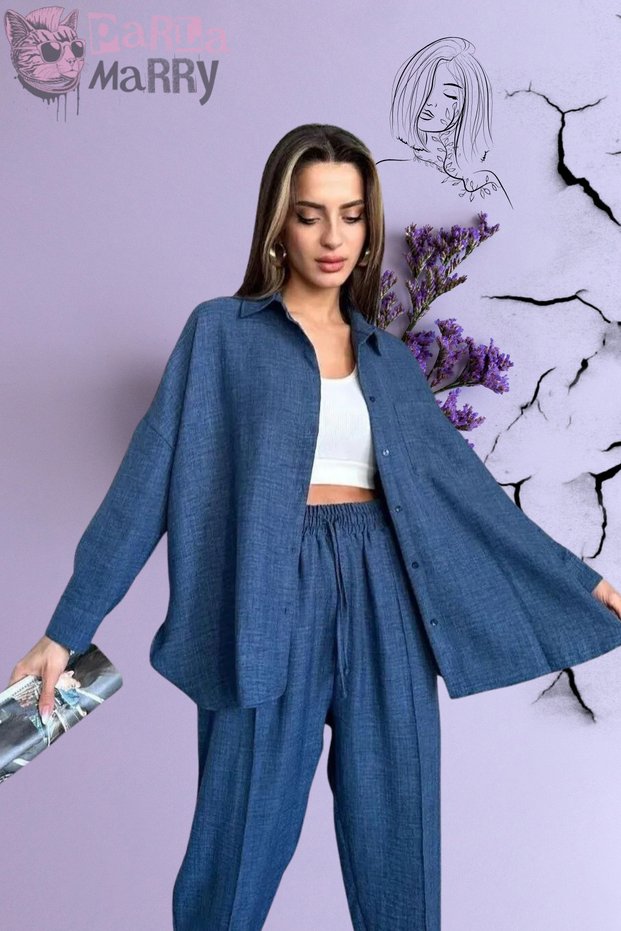Women's Linen Shirt Pants Set Navy Blue Oversize