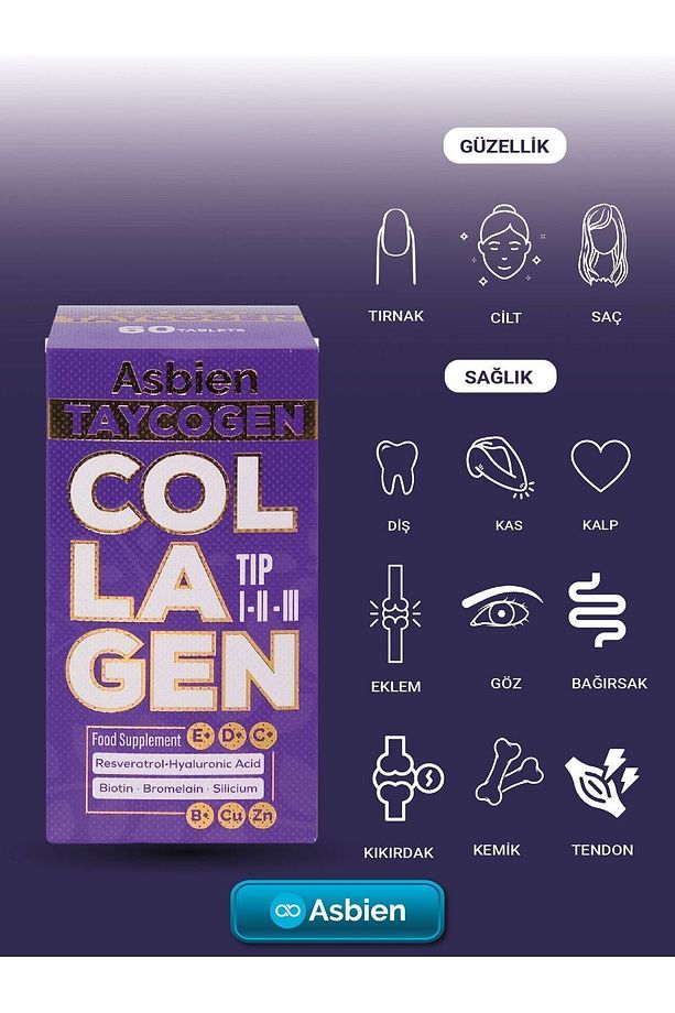 Taycogen 60 Tab. Tip 1 -2 -3 Biotin, Resveratrol,Hyaluronik Asit,Silisyum, B Complex - 3