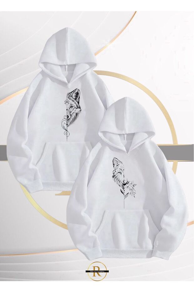 New Season Wolf Couple Printed 3 Yarn Oversized Hooded 2 Piece Sweatshirt Set - Lover Combination