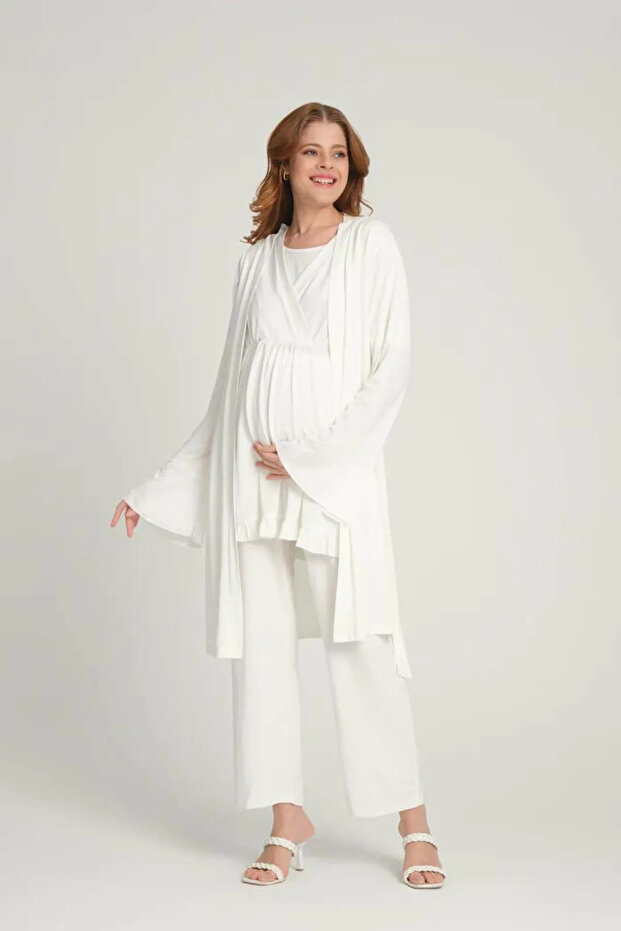 Women's Ecru Design Flounce Sleeve Summer 100% Cotton Maternity Maternity Dressing Gown Pajama Set