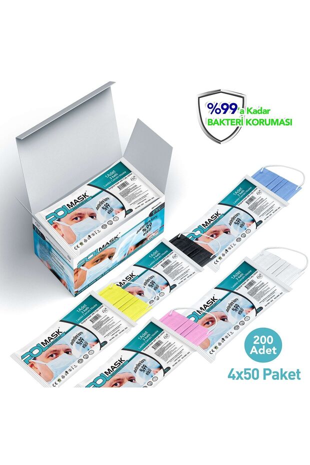 Maske 3 Katlı Meltblown'lu|tek Tek Steril Paketli| 4x50 200adet(Mavi) - 5