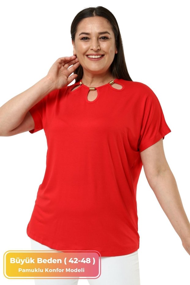 Plus Size Comfort Model Stylish Collar Detailed Tights Over Cotton Short Sleeve Luxury Evening Dress Tunic T-shirt